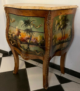 Casa Padrino Barock Kommode Braun / Mehrfarbig / Creme - Handgefertigte Barockstil Nachtkommode mit Marmorplatte und 3 Schubladen - Barock M�bel - Schlafzimmer M�bel im Barockstil