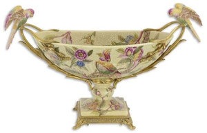 Casa Padrino Jugendstil Porzellan Schssel mit Blumen Design und Papageien Griffen Mehrfarbig / Messingfarben 53,4 x 21,3 x H. 32,3 cm - Deko Accessoires