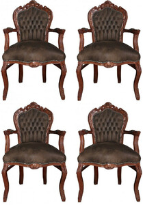 Casa Padrino Barock Esszimmer Set Braun / Braun Lederoptik 53 x 57 x H. 108 cm - 4 handgefertigte Esszimmerst�hle mit Armlehnen - Barockm�bel