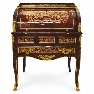 Casa Padrino Barock Sekret�r mit 8 Schubladen Dunkelbraun Intarsien / Gold H. 120 cm - Prunkvolle Barock B�ro M�bel