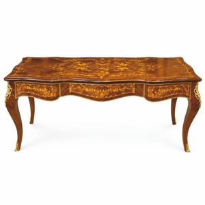 Casa Padrino Barock Schreibtisch mit 3 Schubladen Braun Intarsien 200 cm - Barock B�ro M�bel - Prunkvolle Barockstil M�bel