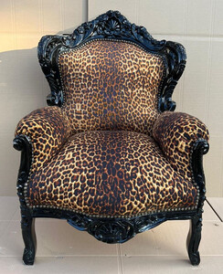Casa Padrino Barock Sessel Leopard / Schwarz - Prunkvoller Massivholz Wohnzimmer Sessel - Antik Stil Wohnzimmer Sessel - Barock Wohnzimmer Mbel