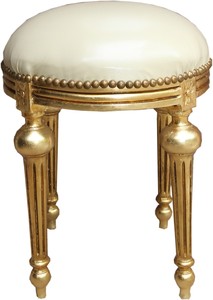 Casa Padrino Barock Sitzhocker Creme Lederoptik / Gold - Barock Rundhocker M�bel
