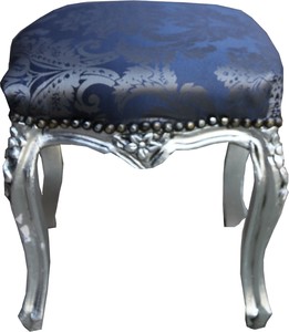 Casa Padrino Barock Hocker Royalblau Muster / Silber  H�he - Barock M�bel