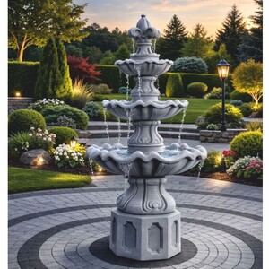 Casa Padrino Barock Springbrunnen Lilie Grau  89 x H. 172 cm - Garten Deko Brunnen