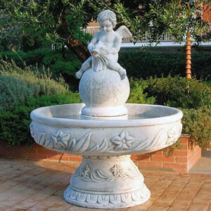 Casa Padrino Barock Springbrunnen Engel Grau  125 x H. 153 cm - Runder Gartenbrunnen im Barockstil - Runder Gartendeko Brunnen - Barock Garten Deko Accessoires - Luxus Qualitt - Made in Italy