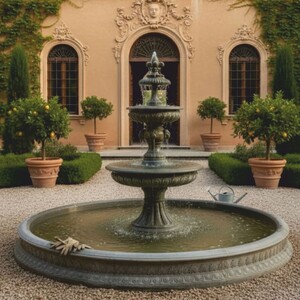 Casa Padrino Barock Springbrunnen mit Brunnenumrandung Grau  400 x H. 280 cm - Nostalgischer Gartenbrunnen - Hotel Brunnen - Garten Deko
