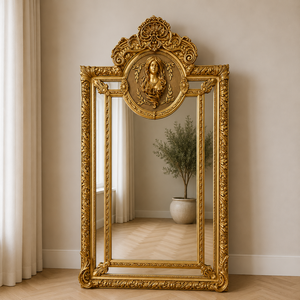 Casa Padrino Barock Standspiegel Gold 110 x H. 210 cm - mit Damen Relief - Handgefertigter Antik Stil Ganzk�rperspiegel - Garderoben Spiegel - Schlafzimmer Spiegel - Barock M�bel