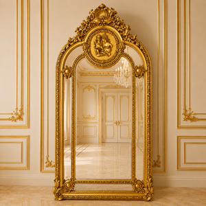 Casa Padrino Barock Standspiegel Gold 115 x H. 215 cm - mit Putto Medaillon und Bl�ten Bekr�nung - Handgefertigter Antik Stil Ganzk�rperspiegel - Garderoben Spiegel - Schlafzimmer Spiegel - Barock M�bel