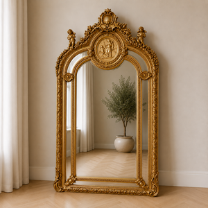 Casa Padrino Barock Standspiegel Gold 115 x H. 215 cm - mit Medaillon und Engelsfiguren - Handgefertigter Antik Stil Ganzk�rperspiegel - Garderoben Spiegel - Schlafzimmer Spiegel - Barock M�bel