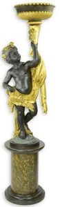 Casa Padrino Barock Statue mit Blumentopf linke Hand und Sockel Bronzefarben / Grau / Gold H. 201 cm - Prunkvolle Bronze Skulptur - Dekofigur im Barockstil - Barock Deko Accessoires