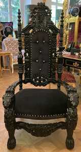 Casa Padrino Luxus Barock Thron Sessel Schwarz / Schwarz - Handgefertigter Massivholz Knigssessel mit Glitzersteinen - Barock Mbel - Edel & Prunkvoll