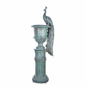 Casa Padrino Barock Garten Deko Bronze Blumenvase mit S�ule und Pfau Antik T�rkis H. 238 cm