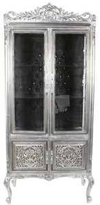 Casa Padrino Barock Vitrine Silber / Schwarz 100 x 40 x H. 170 cm - Prunkvoller Barock Vitrinenschrank mit 2 Glast�ren wundersch�nen Verzierungen und Glitzersteinen