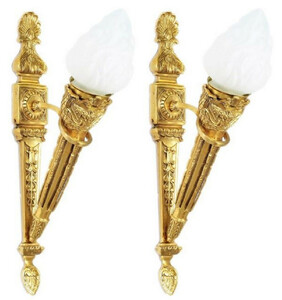 Casa Padrino Barock Wandleuchten Set Gold / Wei� 15 x 25 x H. 60 cm - Vergoldete Bronze Wandlampen im Fackel Design