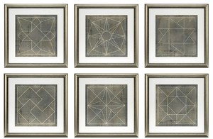 Casa Padrino Blaupausen Set geometrische Formen Grau / Gold 57 x H. 57 cm - Luxus Bilder mit Holzrahmen - Wanddeko