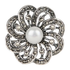 Casa Padrino Brosche Blume Markasit aus Sterlingsilber mit Perle