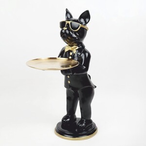 Casa Padrino Deko Figur Bulldogge mit Tablett Schwarz / Gold H. 67,5 cm - Deko Skulptur