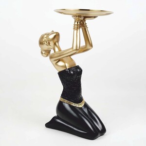 Casa Padrino Deko Figur Dame mit Tablett Schwarz / Gold H. 66 cm - Deko Skulptur
