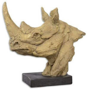 Casa Padrino Kunstharz Deko Skulptur mit Holzsockel Nashorn Kopf Beige / Schwarz 47,7 x 21,2 x H. 45,4 cm - Dekofigur - Schreibtisch Deko