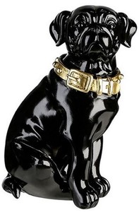 Casa Padrino Dekofigur Hund mit Halsband Schwarz gl�nzend / Gold 16 x 15 x H. 26 cm - Deko Accessoires