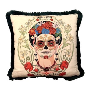 Casa Padrino Dekokissen Frida Kahlo Sugar Skull Creme / Petrol - Zierkissen mit Fuellung