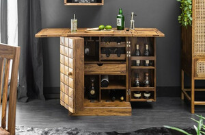 Casa Padrino Designer Barschrank Naturfarben / Braun 65-130 x 50 x H. 90 cm - Moderner Massivholz Weinschrank mit 2 T�ren und Schublade - Barm�bel