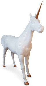 Casa Padrino Luxus Dekofigur Einhorn Pferd Wei / Kupferfarben 245 x 56 x H. 220 cm - Lebensgroe Dekofigur - Riesige Tierfigur - Gartendeko Skulptur