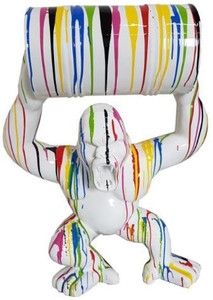 Casa Padrino Designer Deko Skulptur Gorilla Affe mit Fass Wei� / Mehrfarbig H. 100 cm - Wetterbest�ndige Dekofigur - Designer Deko Tierfigur