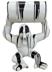 Casa Padrino Luxus Designer Deko Skulptur Gorilla Affe mit Fass Wei� / Schwarz H. 100 cm - Gro�e XXL Deko Skulptur - XXL Deko Figur - XXL Tierfigur - Luxus Deko XXL Figuren