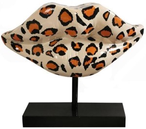 Casa Padrino Designer Deko Skulptur Leopard Lippen Mund mit Stnder Mehrfarbig / Schwarz 55 x H. 45 cm - Designer Deko Accessoires