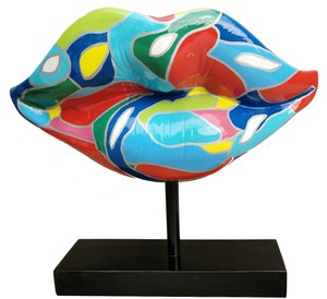 Casa Padrino Designer Deko Skulptur Lippen Mund mit Stnder Mehrfarbig / Schwarz 55 x H. 45 cm - Wohnzimmer Deko