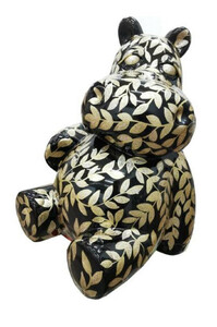 Casa Padrino Designer Deko Skulptur Sitzendes Nilpferd mit Glitzer Look Schwarz / Gold H. 48 cm - Wetterbest�ndige Dekofigur - Wohnzimmer Deko - Garten Deko - Terrassen Deko