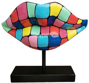 Casa Padrino Designer Deko Skulptur Lippen Mund mit St�nder Mehrfarbig / Schwarz 55 x H. 45 cm - Wohnzimmer Deko Accessoires