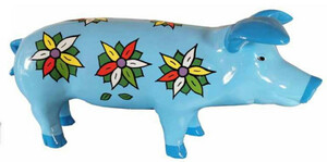 Casa Padrino Luxus XXL Skulptur Schwein mit Blumen Design Hellblau / Mehrfarbig 60 x H. 23 cm - Wetterbest�ndige Deko Skulptur - Wohnzimmer Deko - Garten Deko Gartenskulptur