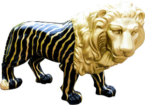 Casa Padrino Designer Dekofigur L�we Schwarz / Gold Lebensgross 190 x 61 x H. 140 cm - Riesige Lebensgro�e Skulptur - Gartendeko