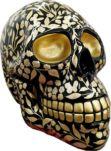 Casa Padrino Designer Deko Skulptur Totenkopf mit Glitzer Look Schwarz / Gold 44 x 58 x H. 66 cm - Wetterbest�ndige Dekofigur - Wohnzimmer Deko - Garten Deko Skull