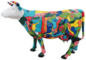 Casa Padrino Designer Gartendeko Skulptur Kuh Bunt 210 x 55 x H. 147 cm - Riesige wetterbest�ndige Dekofigur - Lebensgro�e Tierfigur