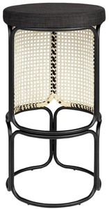 Casa Padrino Designer Barhocker Schwarz / Naturfarben  40,5 x H. 75,5 cm - Runder gepolsterter Barstuhl mit edlem Rattangeflecht und pulverbeschichtetem Stahlrahmen