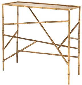 Casa Padrino Luxus Konsole mit Glasplatte Vintage Messing 81 x 33,5 x H. 79 cm - Konsolentisch in Bambus Optik - Luxus M�bel