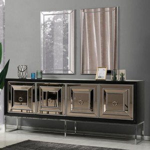 Casa Padrino Luxus Sideboard mit 4 verspiegelten T�ren Schwarz / Silber 208 x 49 x H. 88 cm - Luxus Wohnzimmer M�bel