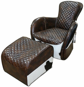 Casa Padrino Echtleder Wohnzimmer Sessel mit Fu�hocker Dunkelbraun / Wei� / Schwarz / Silber - Wohnzimmer M�bel - Echtleder M�bel