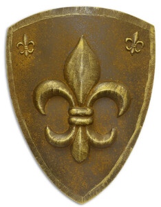 Casa Padrino Eisen Ritterschild mit dekorativer franz�sischer Lilie Antik Gold / Rostfarben 54 x H. 71 cm - Mittelalter Deko - Wanddeko