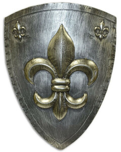 Casa Padrino Metall Ritterschild mit dekorativer franz�sischer Lilie Antik Silber / Gold 54 x H. 71 cm - Mittelalter Deko - Wanddeko