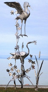 Casa Padrino Gartendeko Edelstahl Skulptur Reiher Vogel Paar Silber 125 x 101 x H. 270 cm - Elegante Gartendeko Figur - Wetterbestndige Gartenfigur