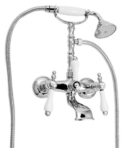 Casa Padrino Jugendstil Badewannen Armatur mit Brause Silber / Wei H. 35,5 cm - Nostalgisches Bad Zubehr - Erstklassische Qualitt