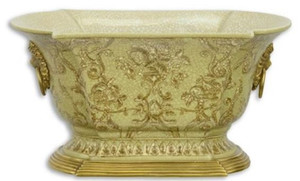 Casa Padrino Jugendstil Blumentopf Grn / Gold 26,9 x 16,7 x H. 14,1 cm - Porzellan Pflanzentopf mit Bronze Lwenkopf Griffen - Deko Accessoires
