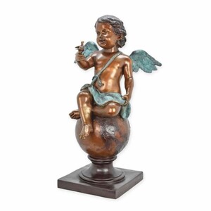 Casa Padrino Jugendstil Bronze Deko Skulptur Engel mit Vogel Bronze / Antik T�rkis / Grau H. 93 cm