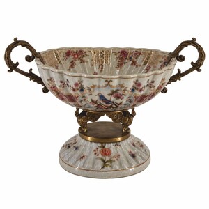 Casa Padrino Jugendstil Deko Schale Wei� / Bunt / Bronze 28 x H. 18 cm - Porzellan Obstschale - Jugendstil Deko Accessoires
