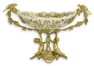 Casa Padrino Jugendstil Deko Schale Creme / Messing 50 x H. 29,5 cm - Porzellan Obstschale